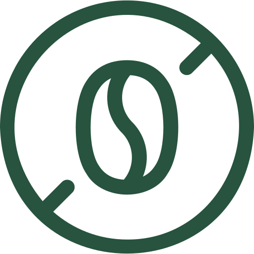 A dark green icon of a coffee bean inside a circle with a slash through it, symbolizing decaf.