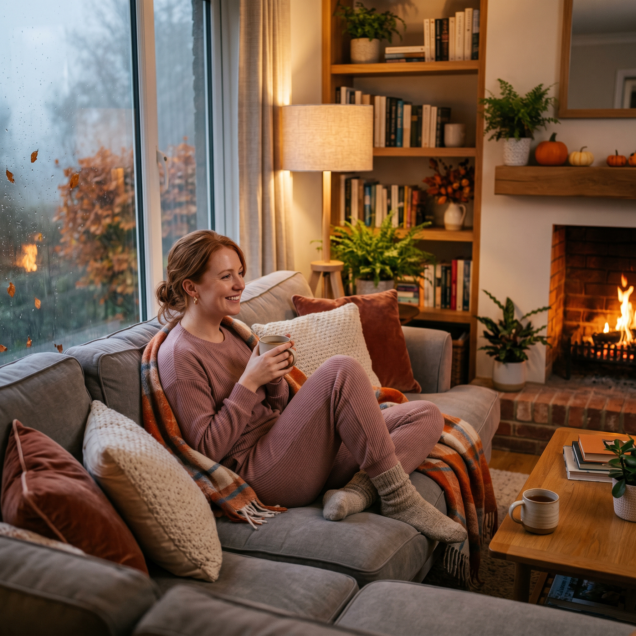 A woman relaxes on a couch with a mug in a cozy living room with a fireplace.