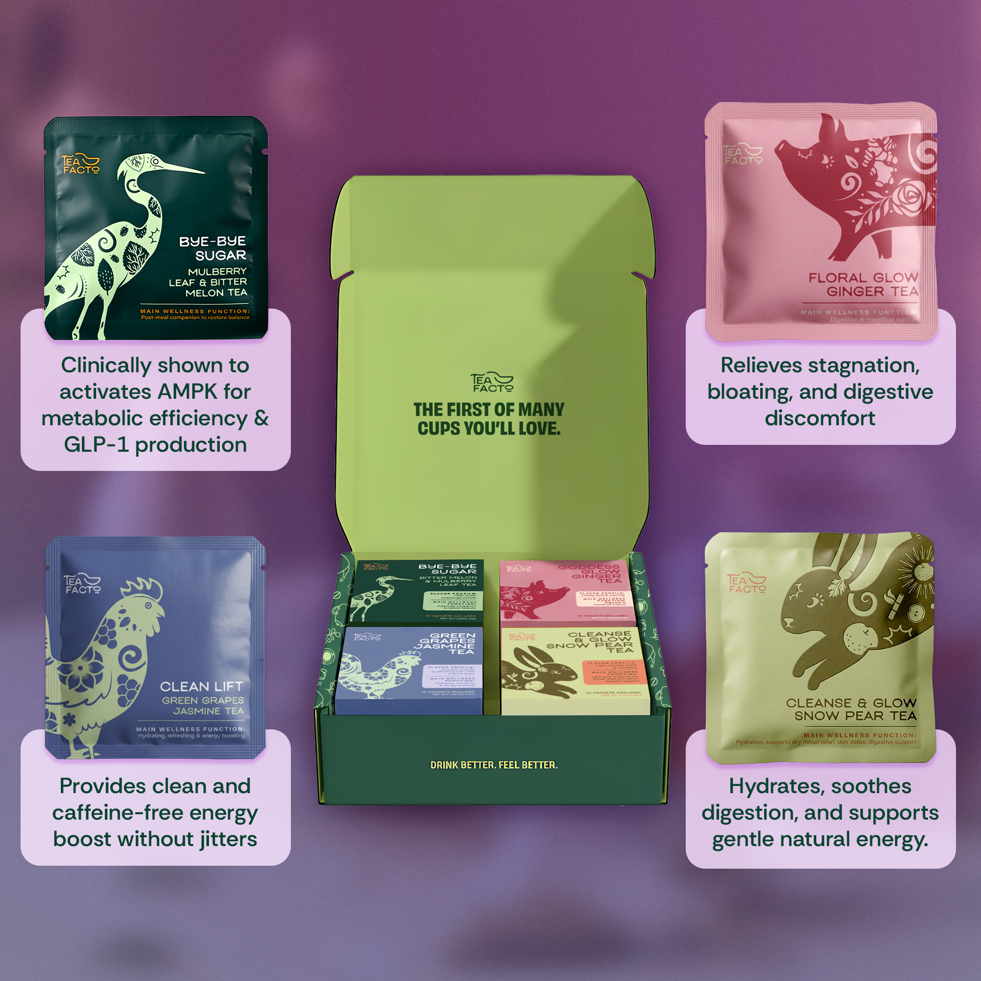 Tea bags and an open green box with wellness benefits highlighted.