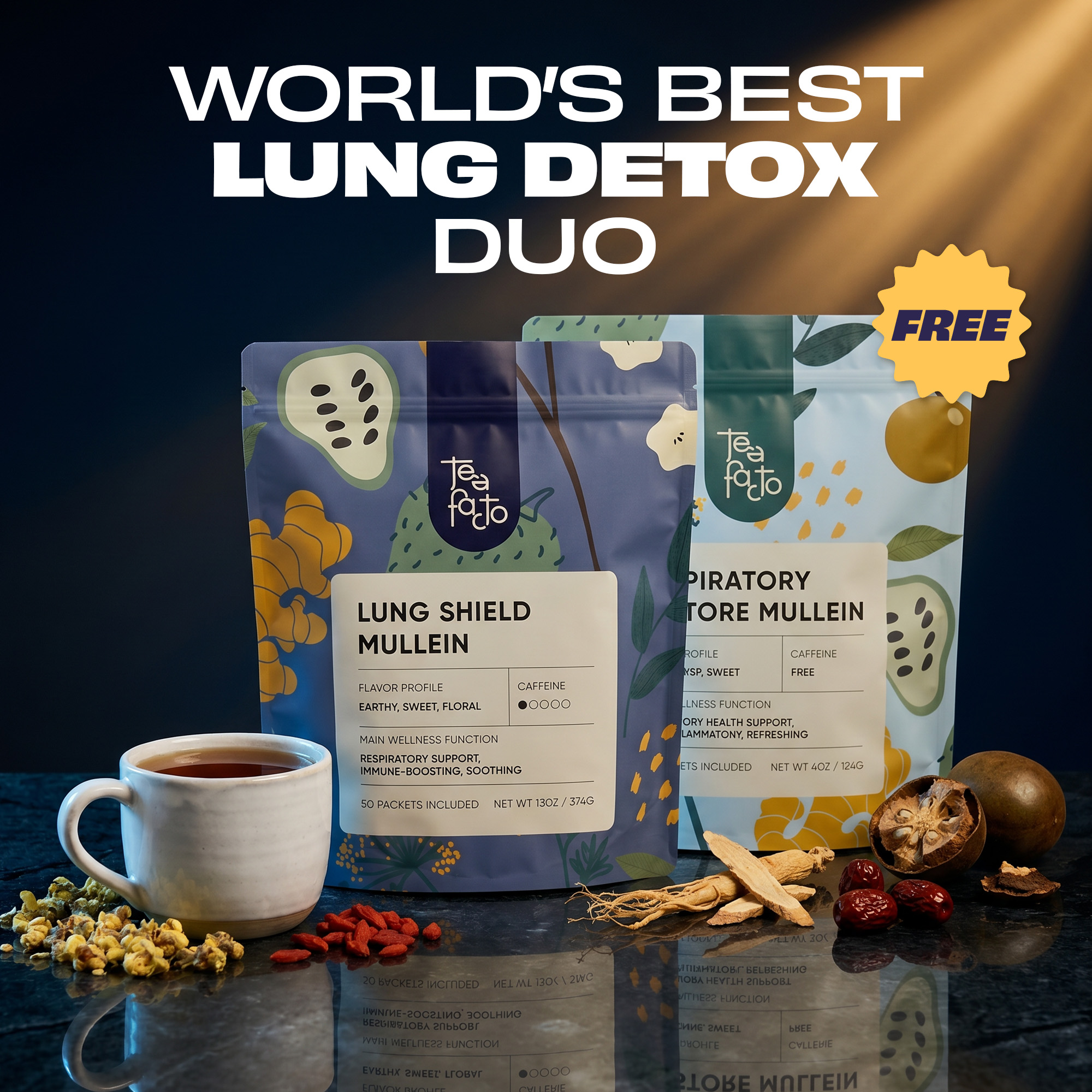 Two pouches of Tea Facto mullein tea next to a mug and dried herbal ingredients on a table.