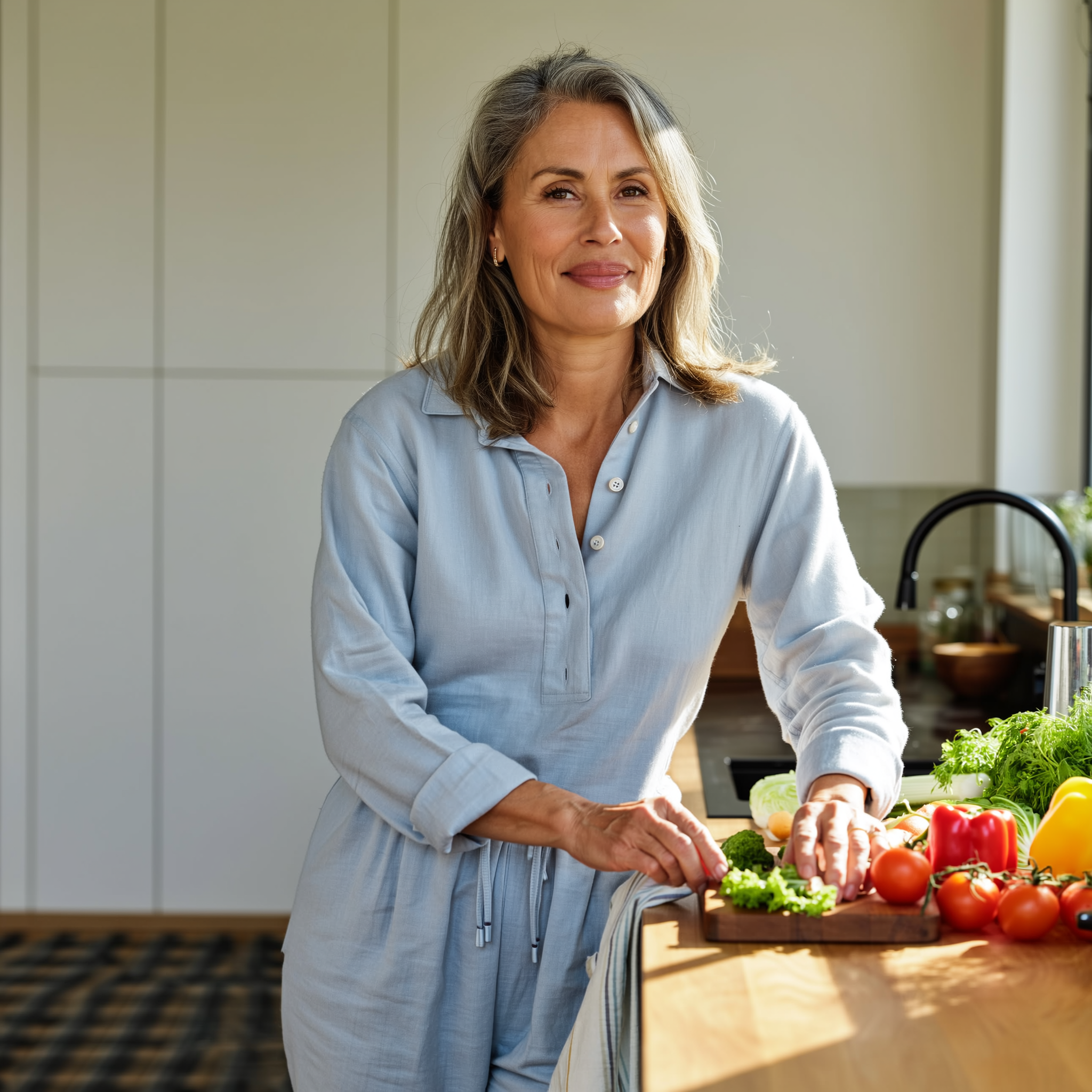Woman smiling in kitchen with vegetables on the counter.