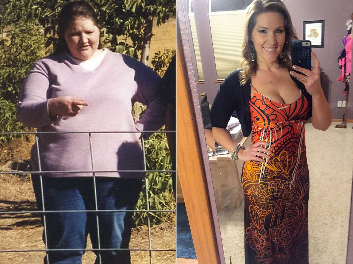 Two side-by-side photos of a woman; one outdoors, the other as a mirror selfie.