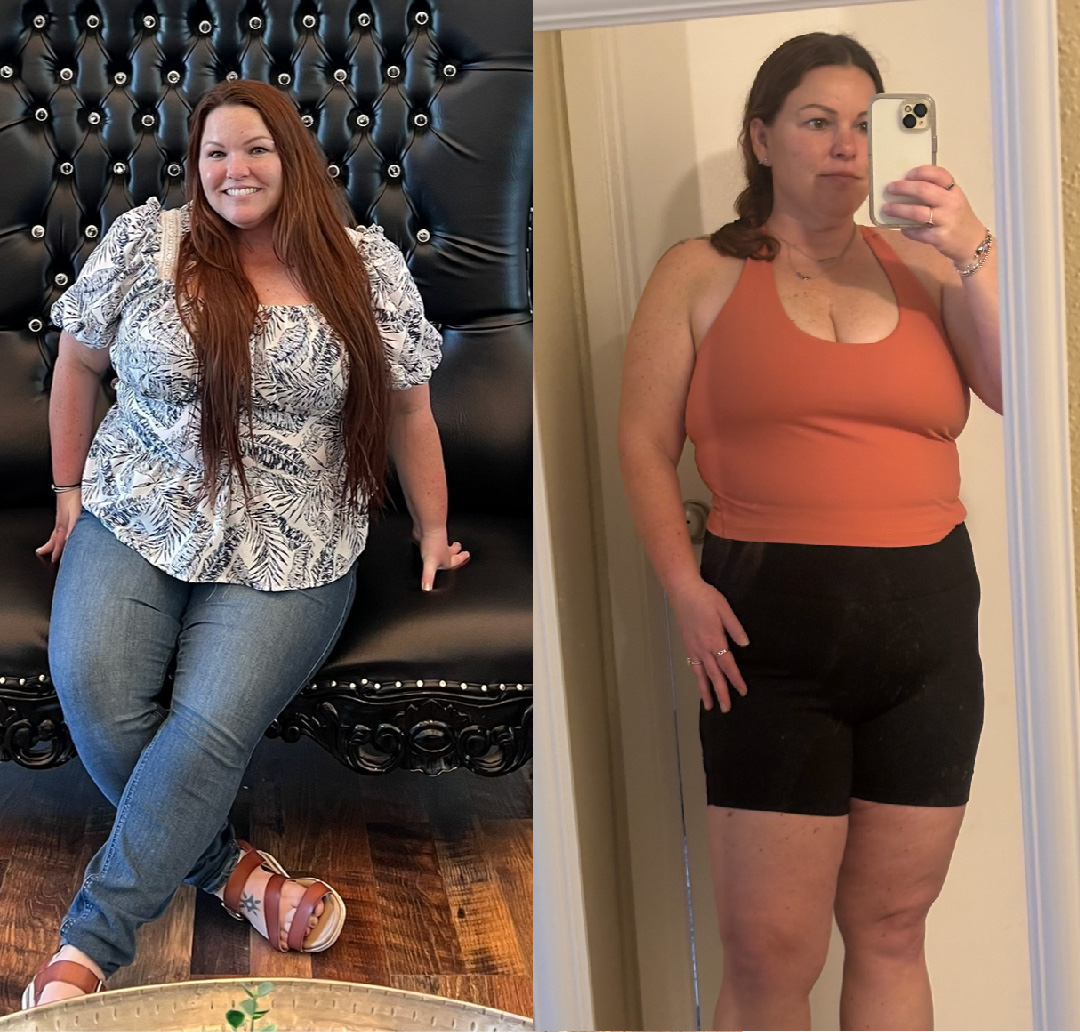 Two photos of a woman showing different outfits and hairstyles.