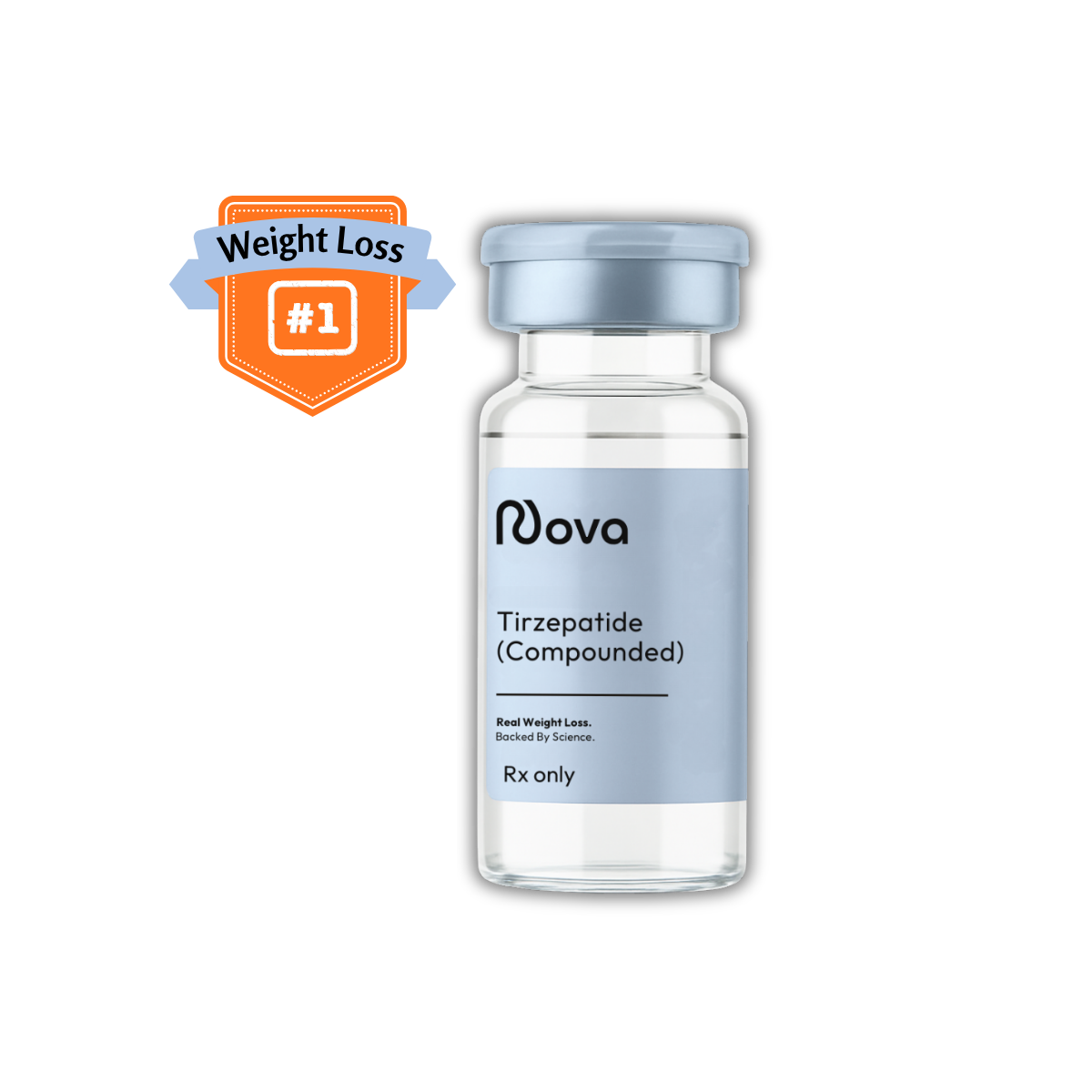 A vial labeled 'Nova Tirzepatide (Compounded)' and an orange '#1 Weight Loss' badge.