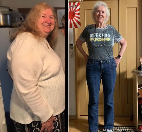 Two side-by-side photos of the same woman in different outfits and body sizes.