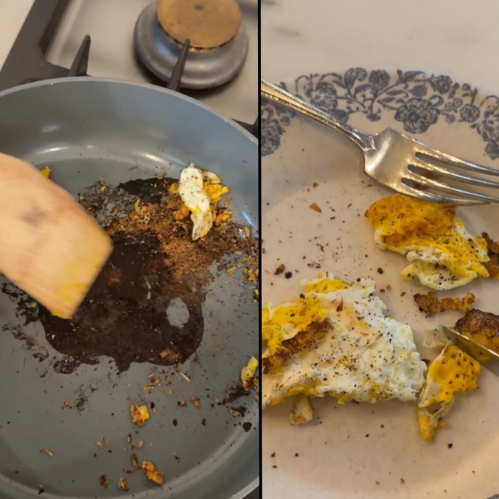 A split image showing a dirty pan with burnt food and a plate of overcooked, seasoned eggs.