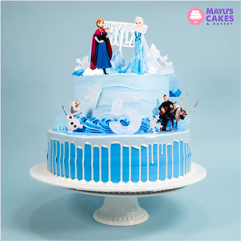 Blue two-tier cake with Frozen characters and a number five topper.