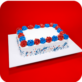 Rectangular cake with red and blue frosting on a red background.