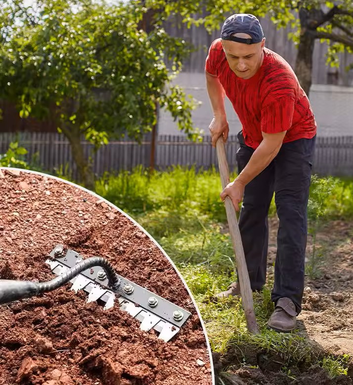 Man digging in a garden with a shovel, close-up of soil and tool.