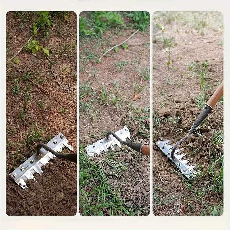 Three images showing a rake being used on grass and soil.