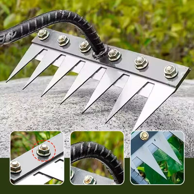 Metal rake with sharp teeth and close-up details on a stone surface.