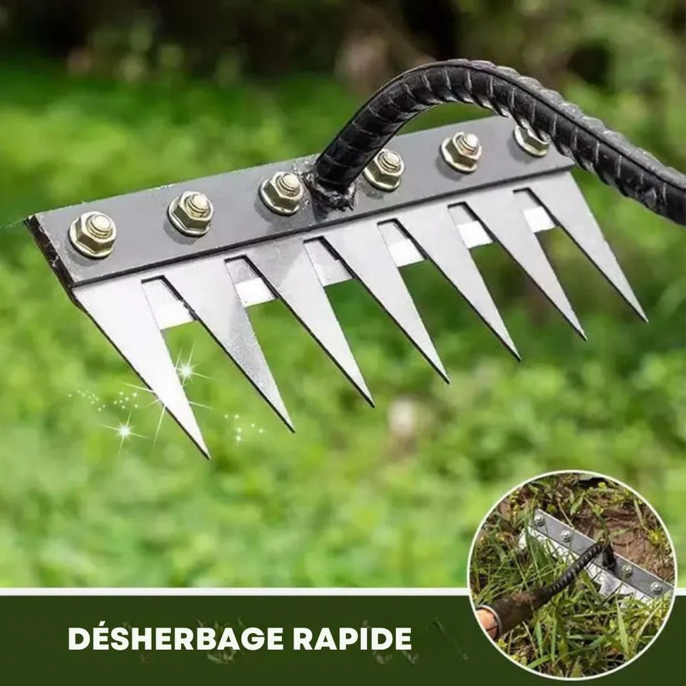 Garden tool with multiple sharp metal prongs for efficient weed removal.