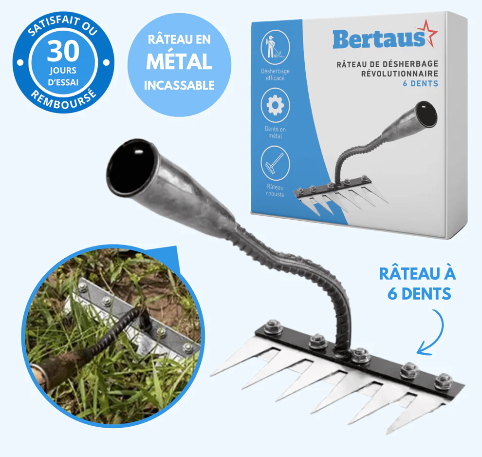 Metal weeding rake with six teeth, featuring packaging and satisfaction guarantee badge.