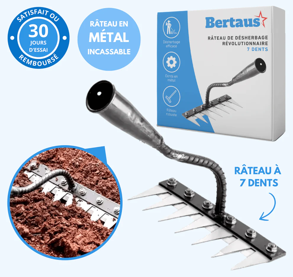 Metal weeding rake with seven teeth and packaging, highlighting durability and efficiency.