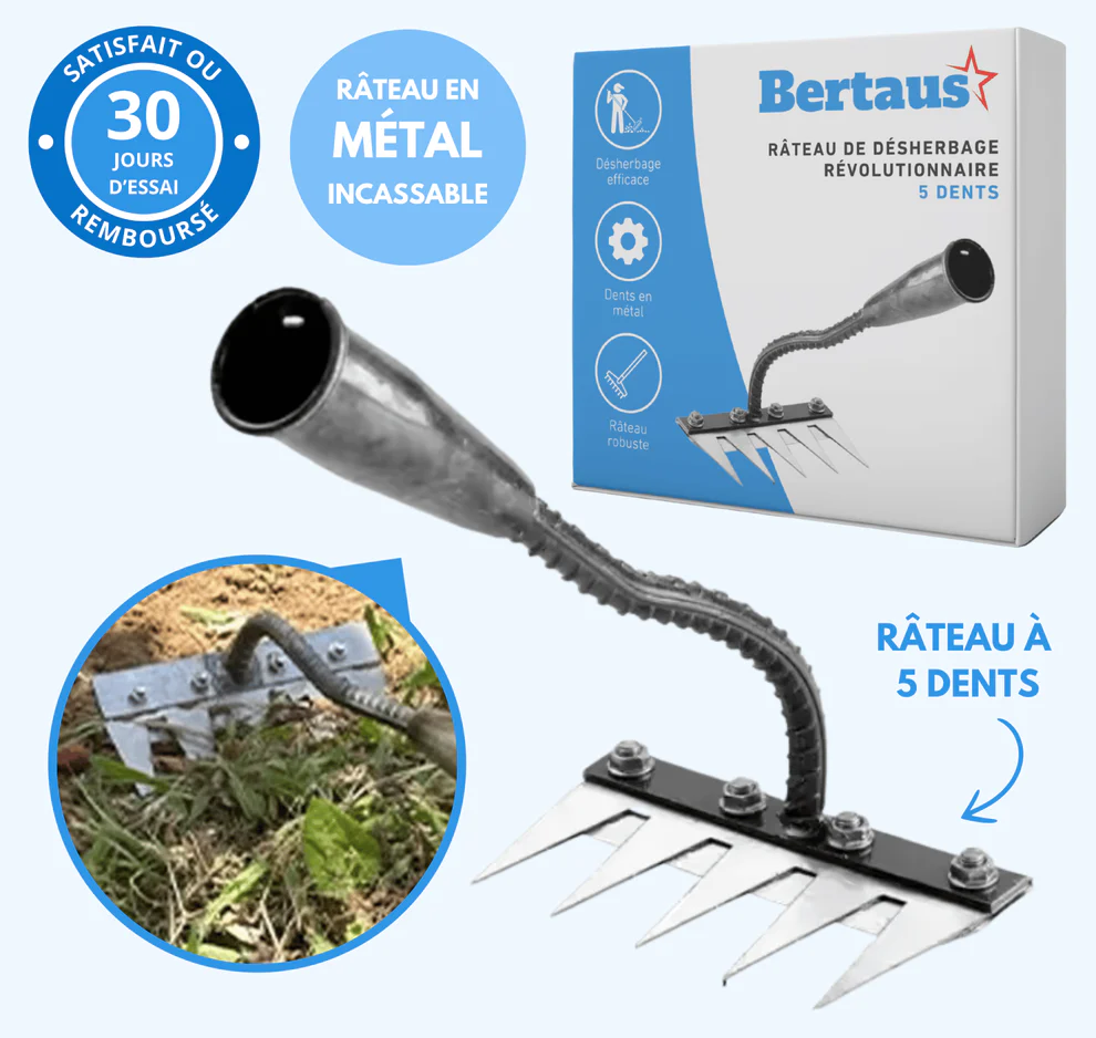 Metal gardening rake with five prongs for efficient weeding, featuring a flexible handle.