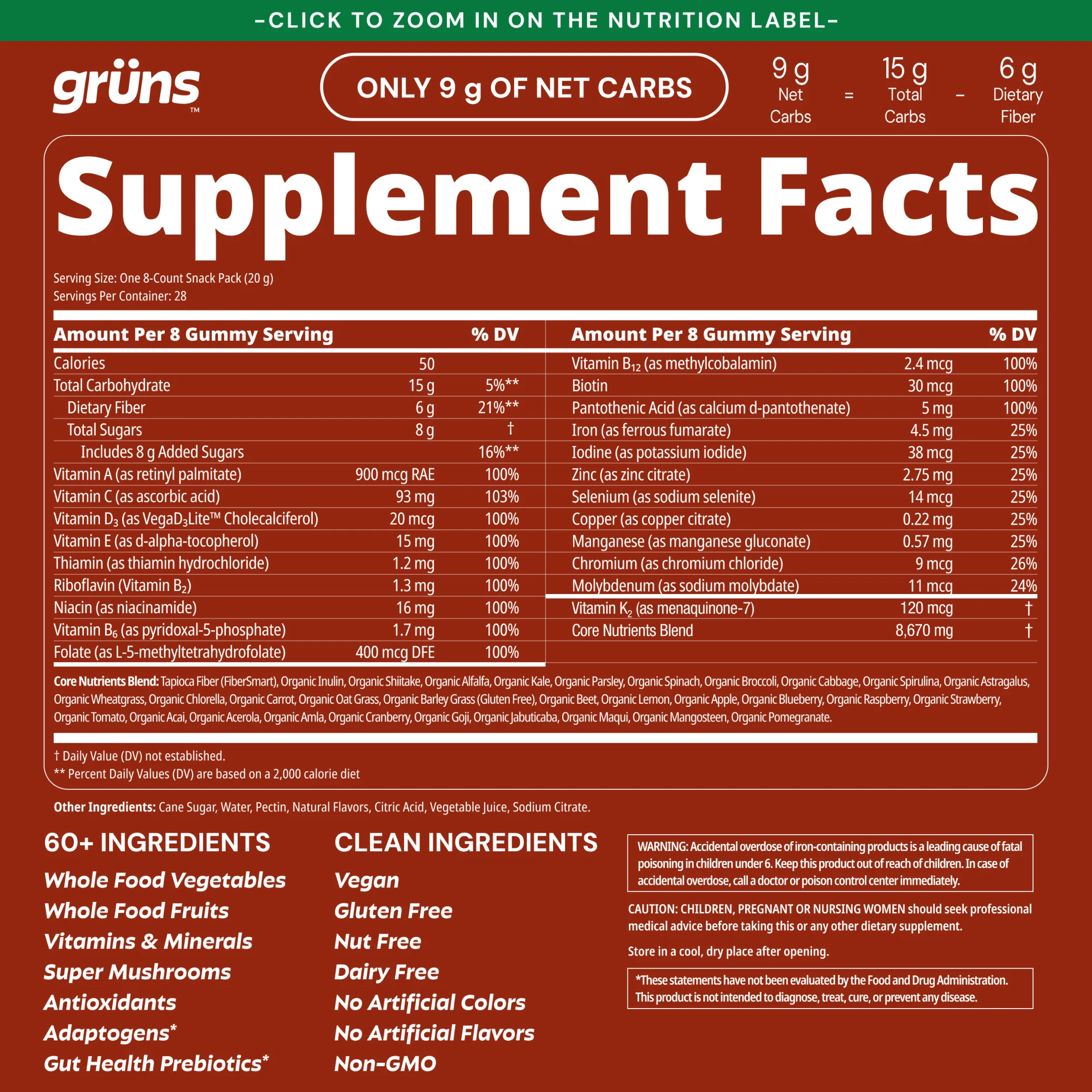 Supplement facts label for a gummy product with nutritional information and ingredient list.