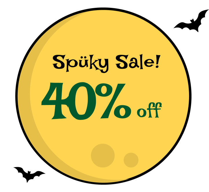Yellow circle with 'Spüky Sale! 40% off' and bats.