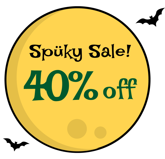 Yellow circle with 'Spüky Sale! 40% off' and bats.