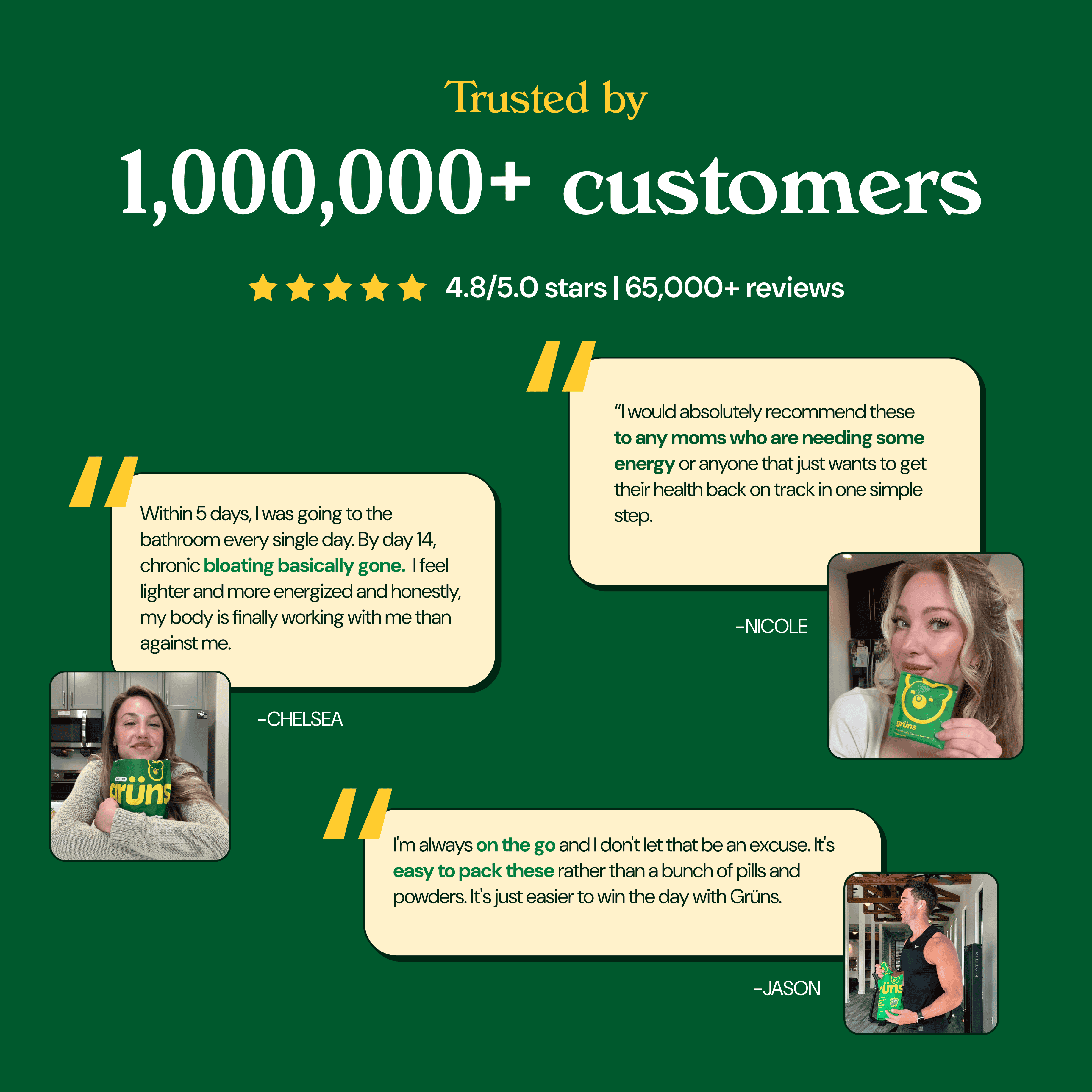 Image with testimonials, text and three people holding products.