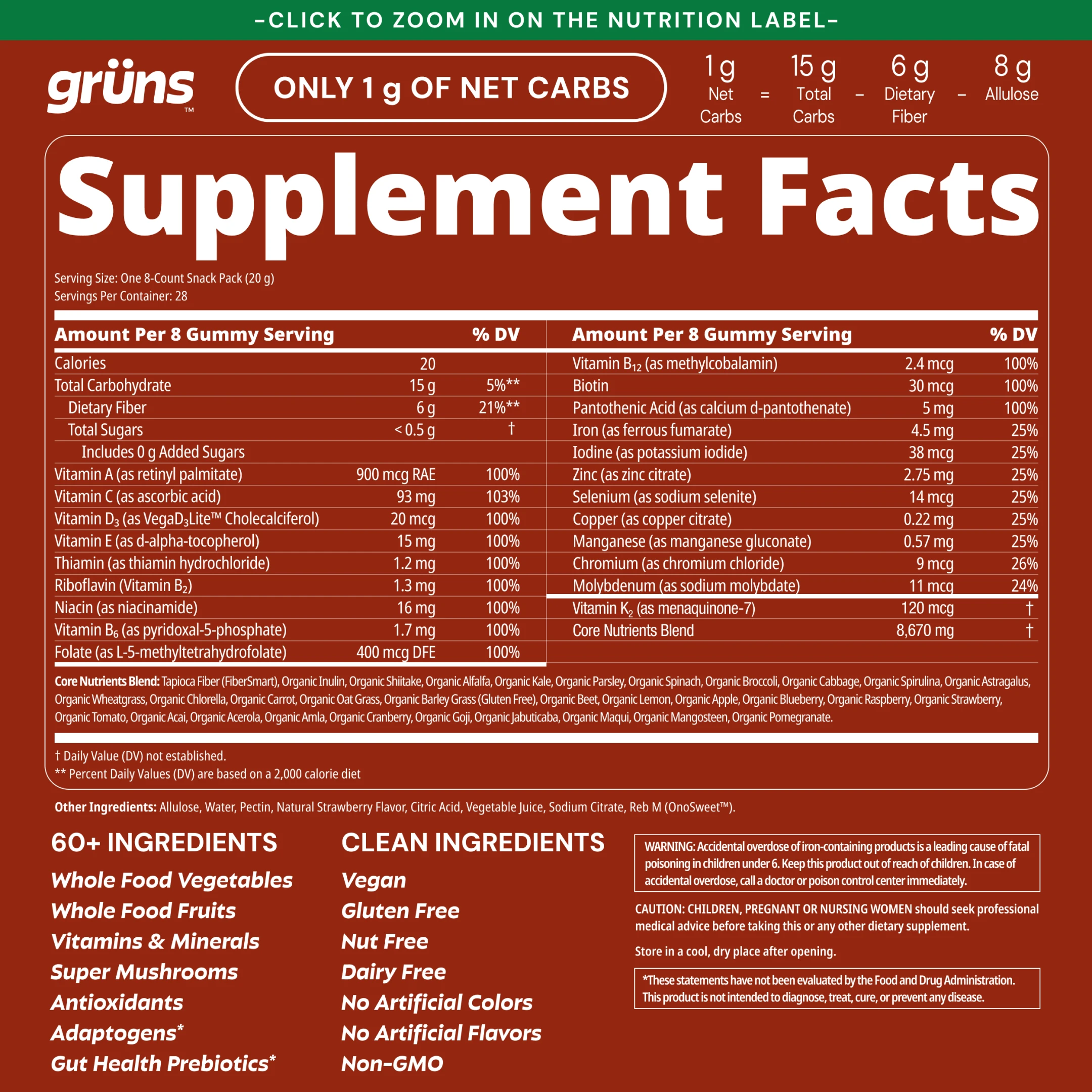 Supplement facts label for a gummy product with nutritional information and ingredients list.