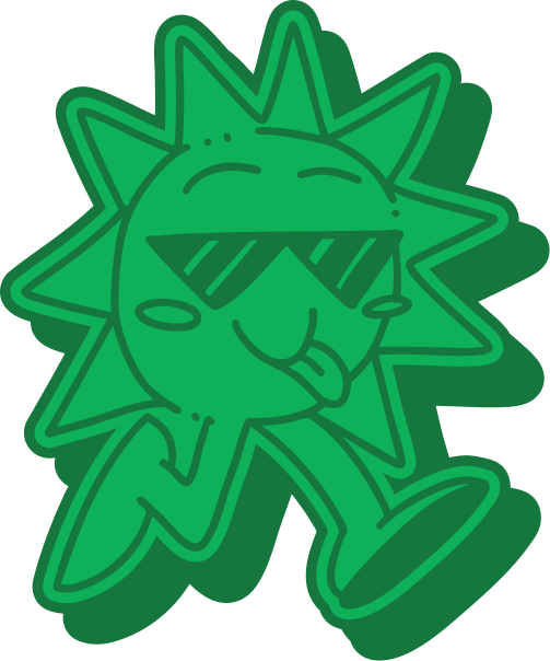 A green cartoon sun with sunglasses and legs walks while sticking its tongue out.