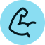 Icon of a flexed bicep inside a light blue circle.