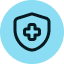 Shield with a medical cross symbol on a blue background.
