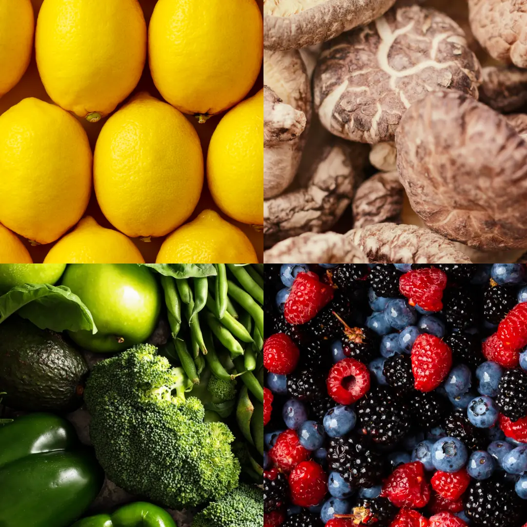 Collage of lemons, mushrooms, green vegetables, and assorted berries.