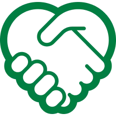 Green heart-shaped handshake icon on a white background.