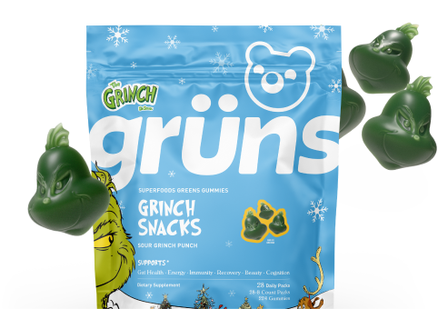 Blue packaging of Grinch-themed green gummies labeled 'Grinch Snacks.'