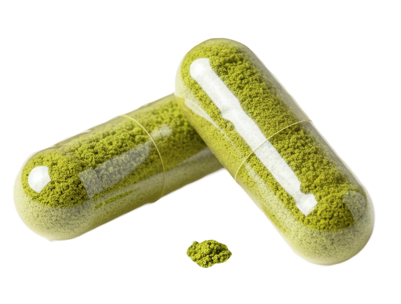 Two transparent capsules filled with green powder on a white background.