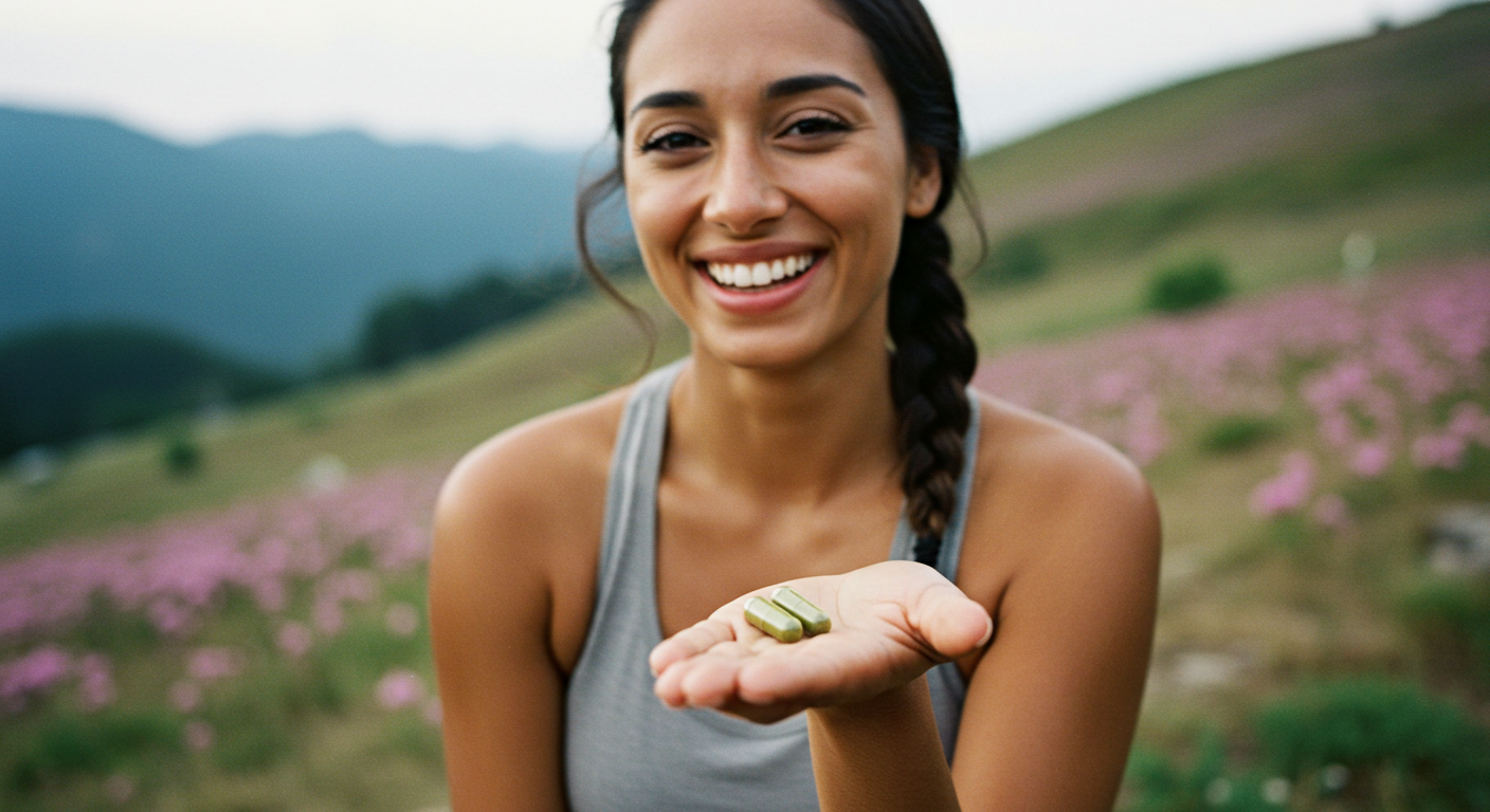 Person smiling, holding a bottle of Moringa capsules, holding up 2 fingers for serving size.