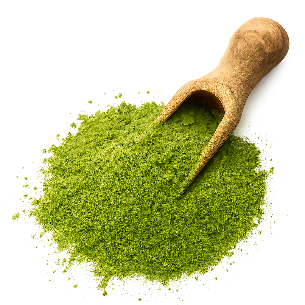 Wooden scoop with green powder on a smooth surface.