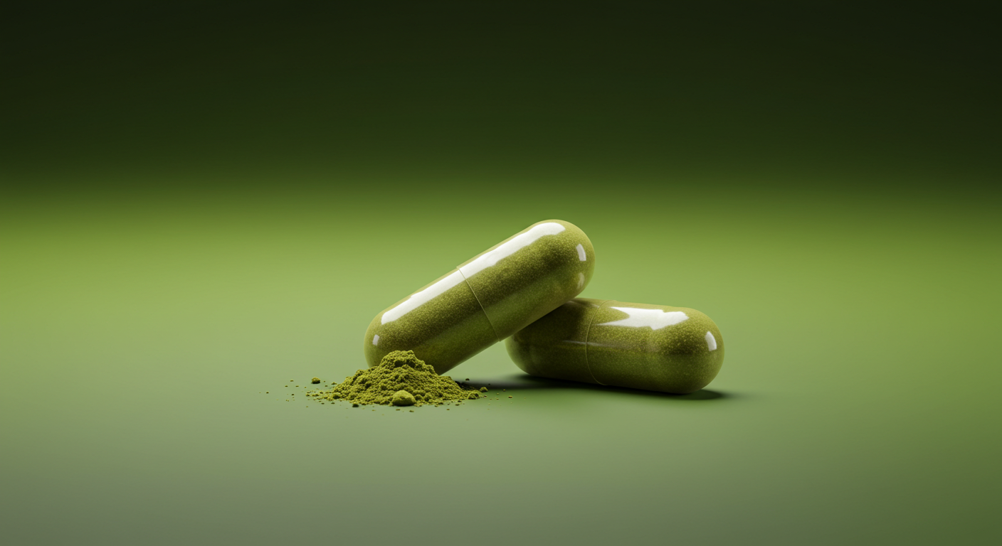 Two green capsules with powder on a green background.