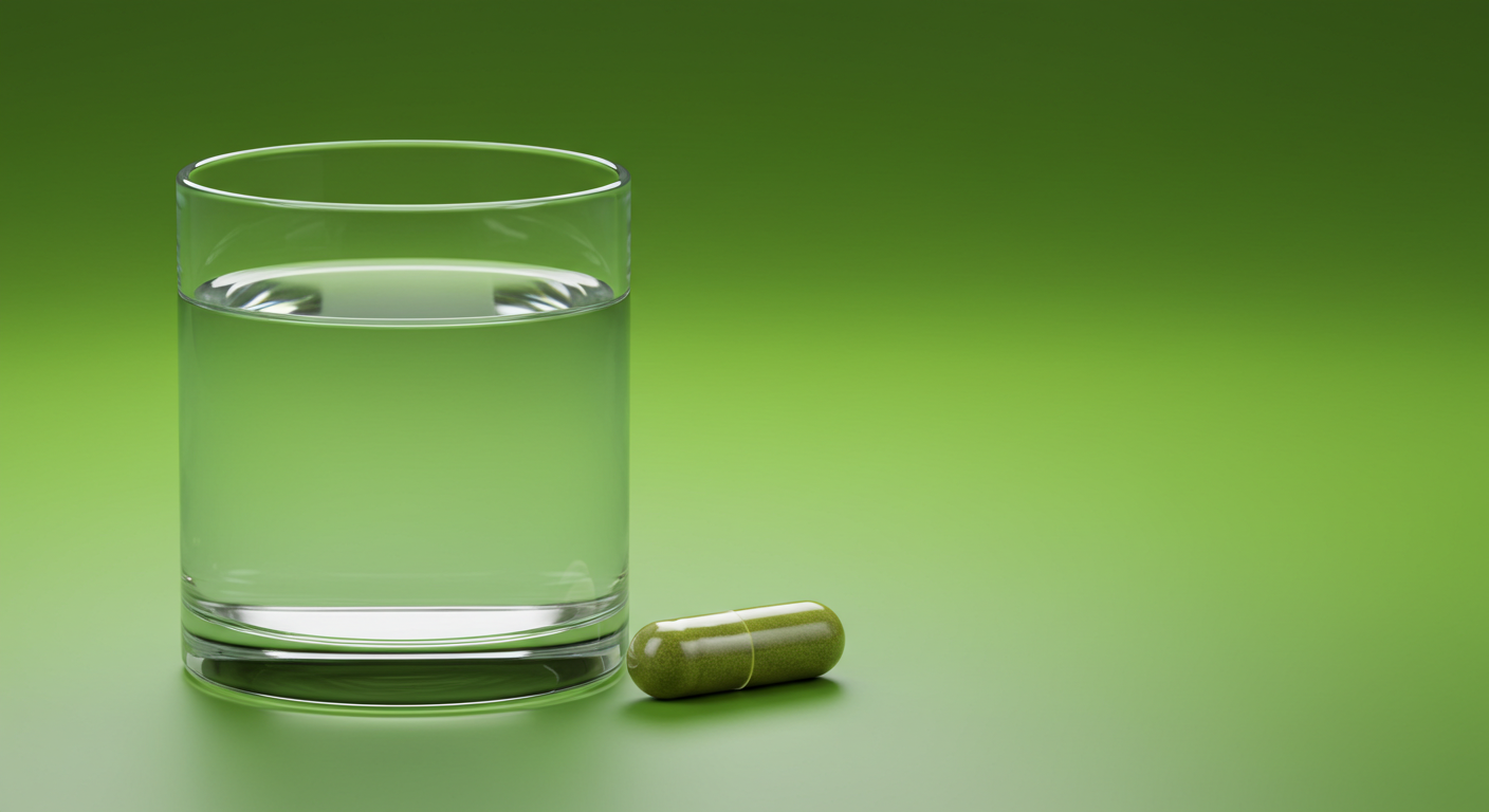 Glass of water and green capsule on green background.