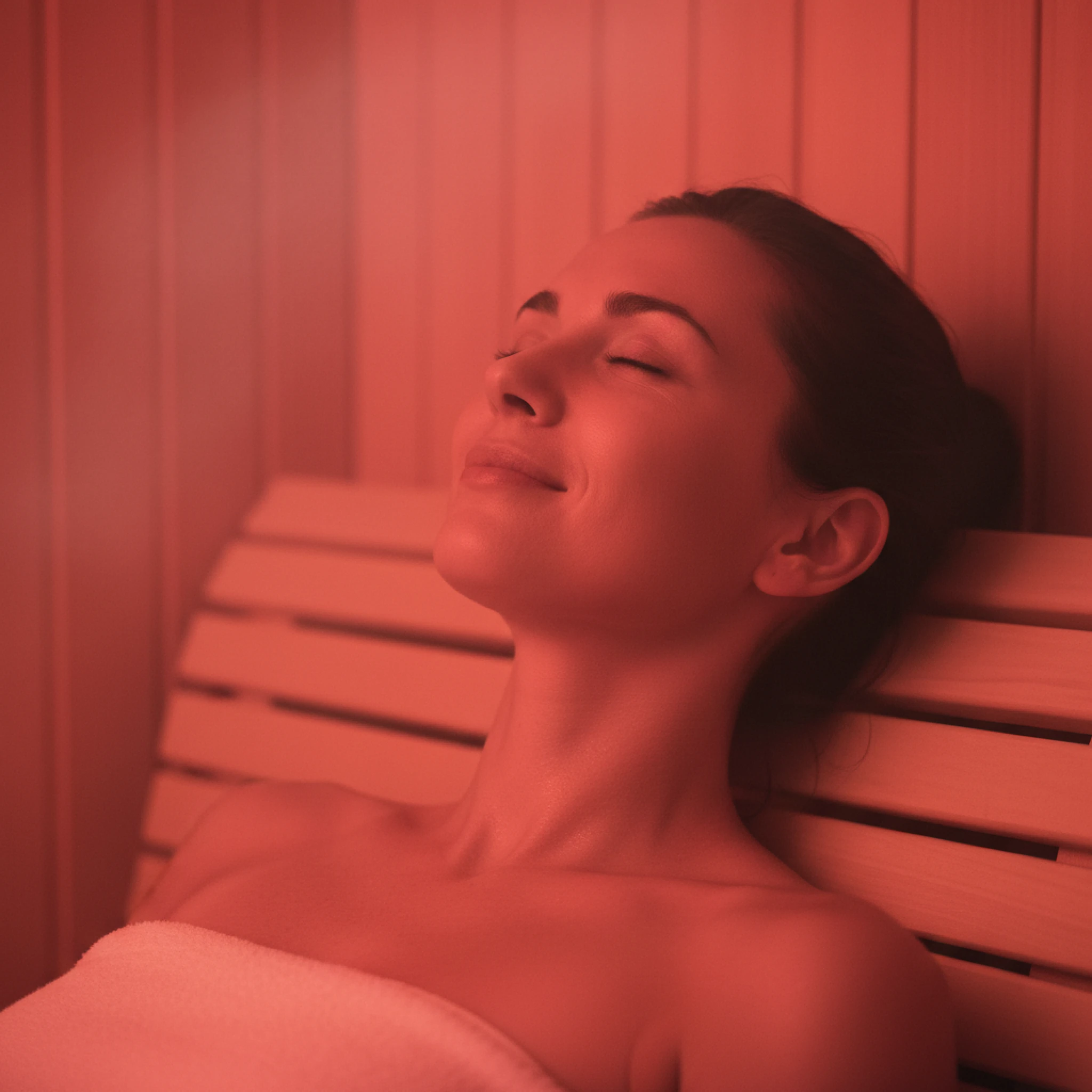 A woman with her eyes closed, wrapped in a towel, relaxing in a red-lit sauna.