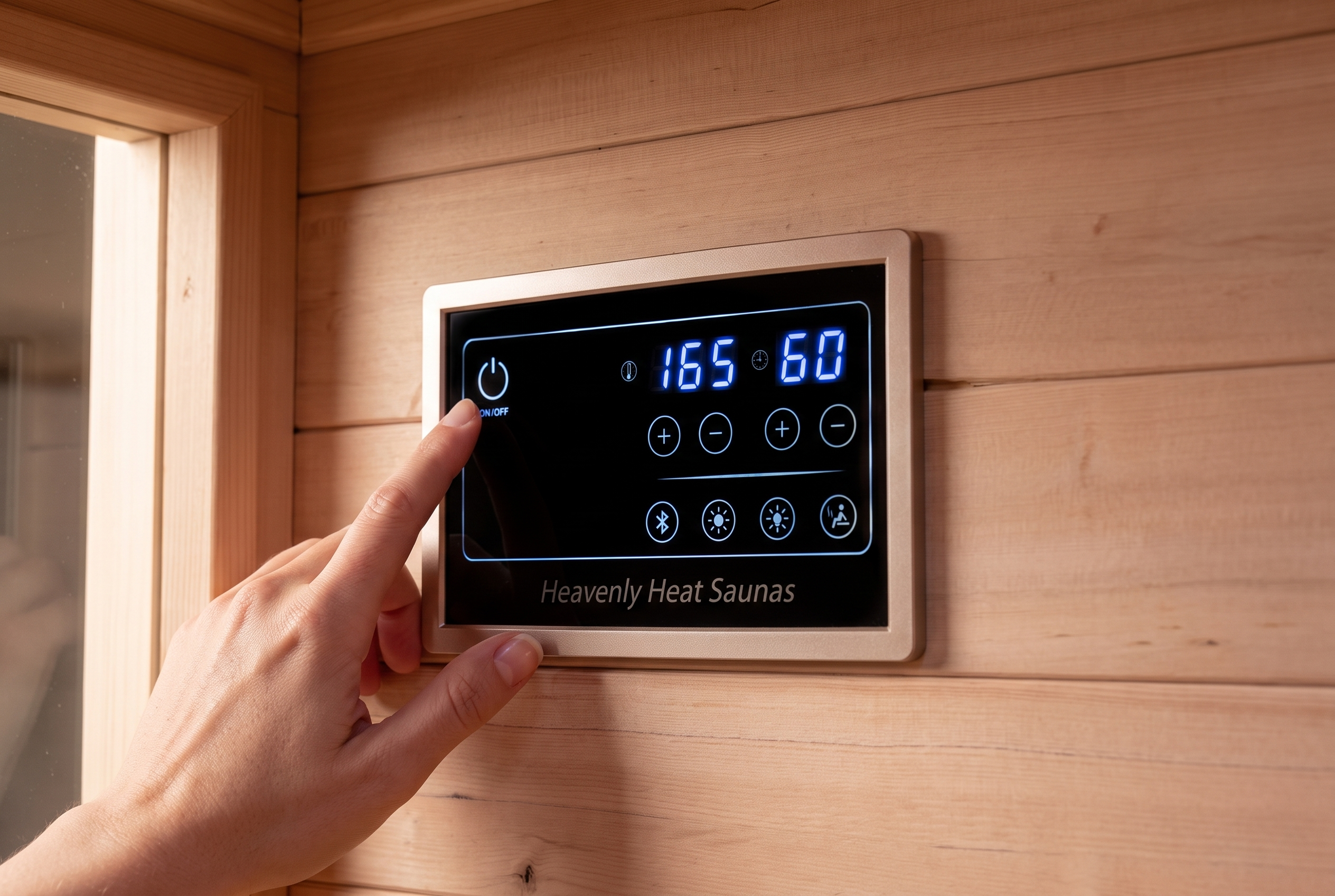 A person's finger presses the on/off button on a digital sauna control panel mounted on a wooden wall.