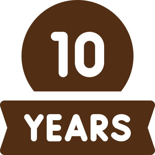 A brown icon shaped like a badge with the text '10 YEARS' in white.