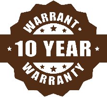 Brown badge with '10 Year Warranty' text and stars.