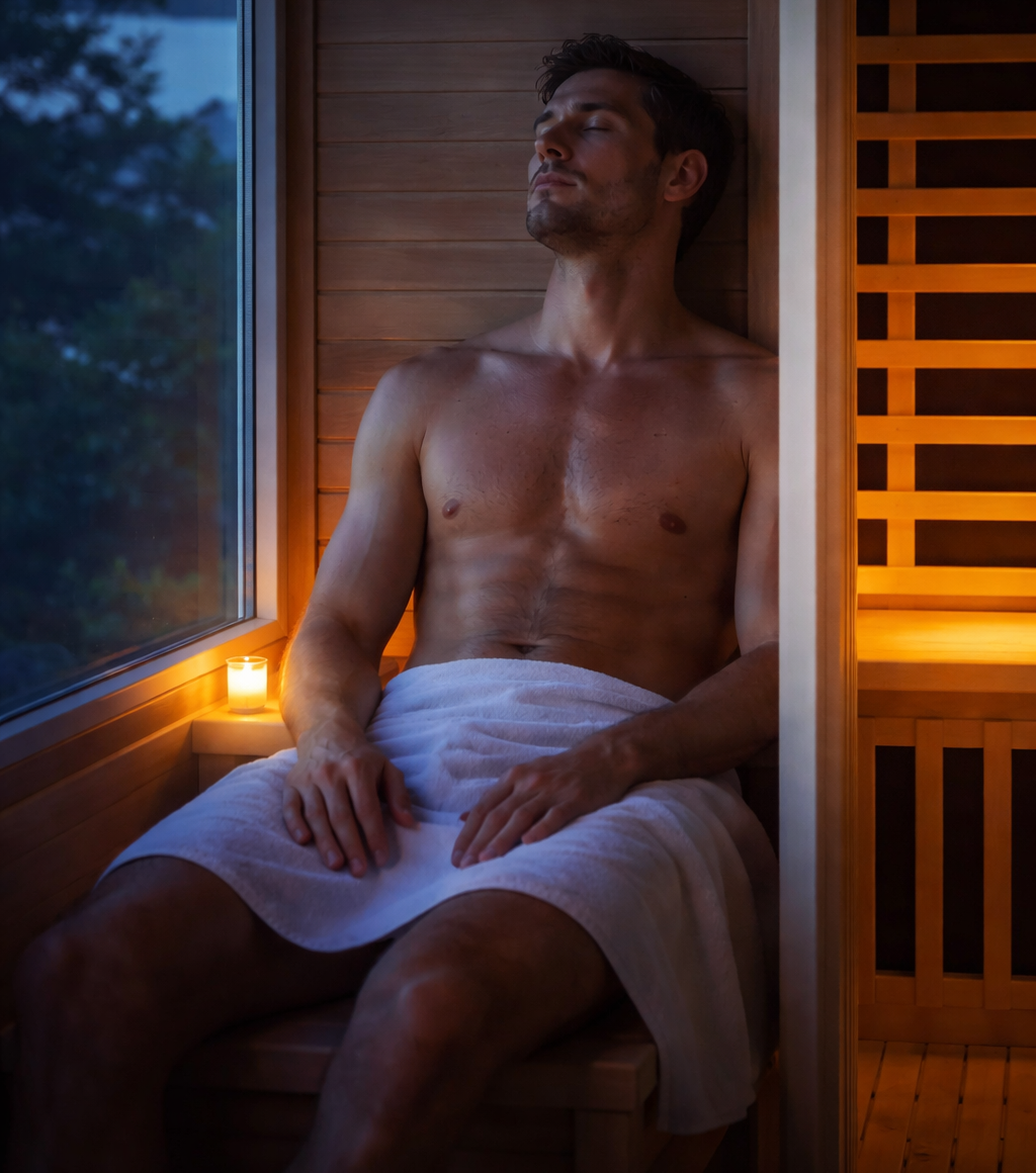 A man in a towel relaxes with his eyes closed inside a candlelit wooden sauna.