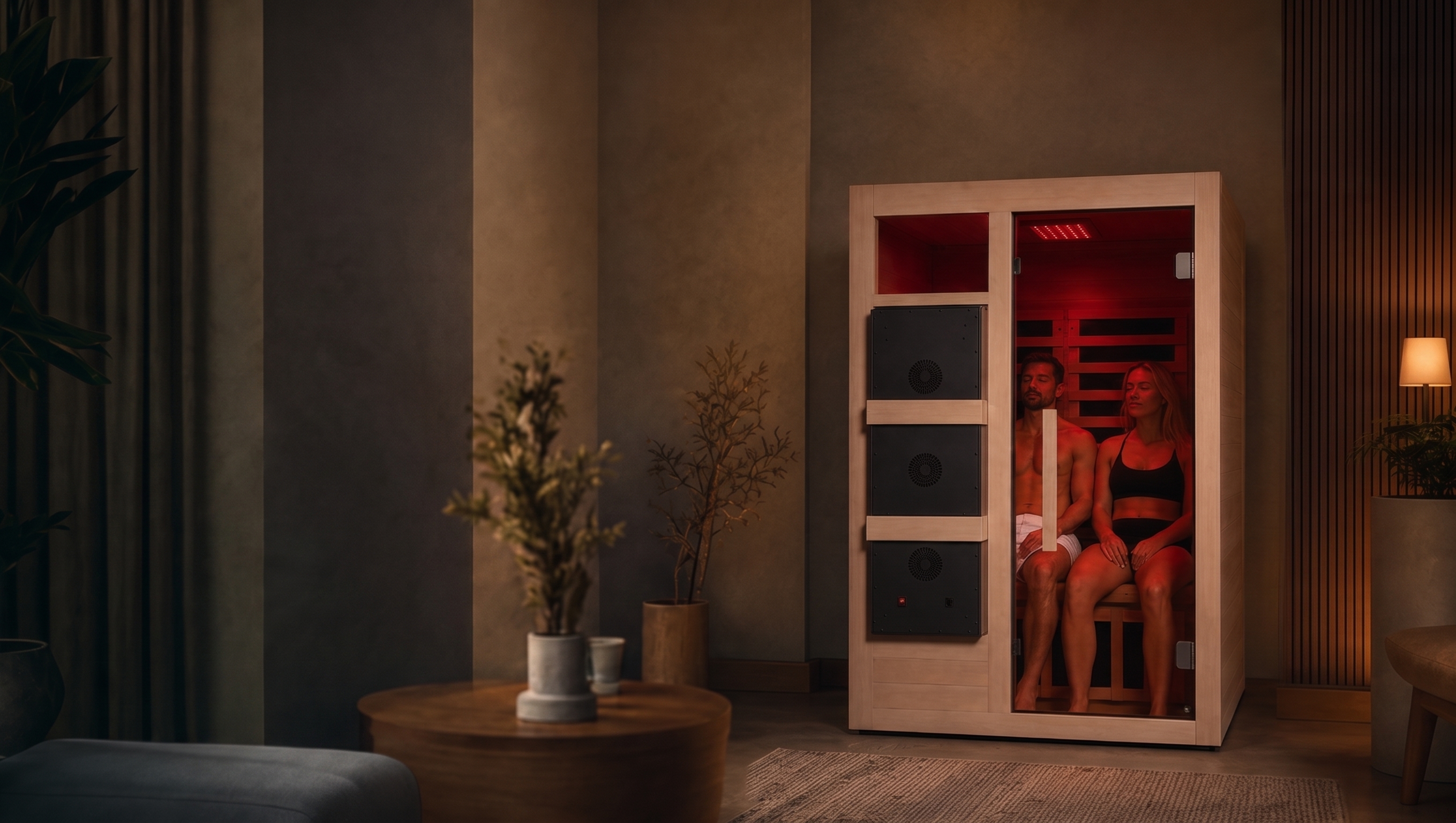 A man and a woman sit inside a personal infrared sauna located in a modern living room.