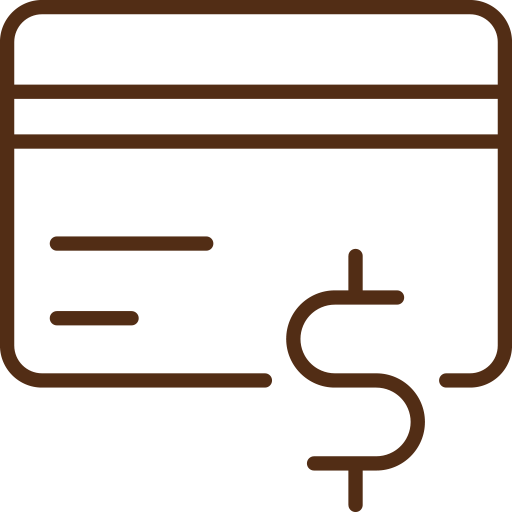 Icon of a credit card and dollar sign in brown outline.