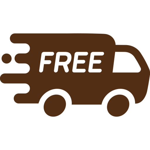 A brown icon of a delivery truck in motion with the word FREE on the side.
