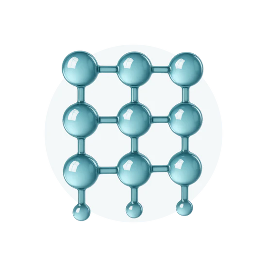 A 3D illustration of a blue, grid-like molecular structure on a white circular background.