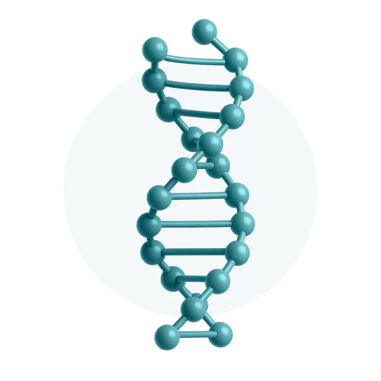A teal-colored 3D model of a DNA double helix against a circular background.