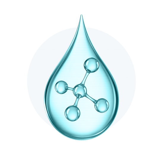 An illustration of a light blue water droplet with a molecule inside, on a dark background.