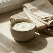 A small bowl of white cream sits on a wooden surface in sunlight next to a folded cloth.