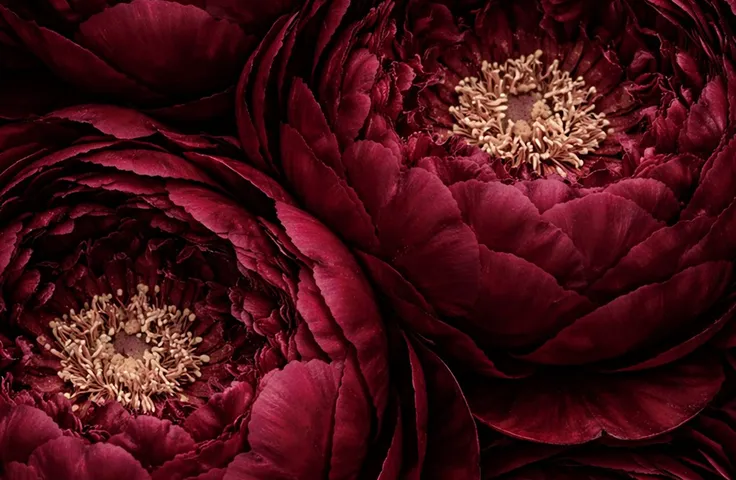 A close-up photograph of several dark red peonies with delicate golden-yellow centers.