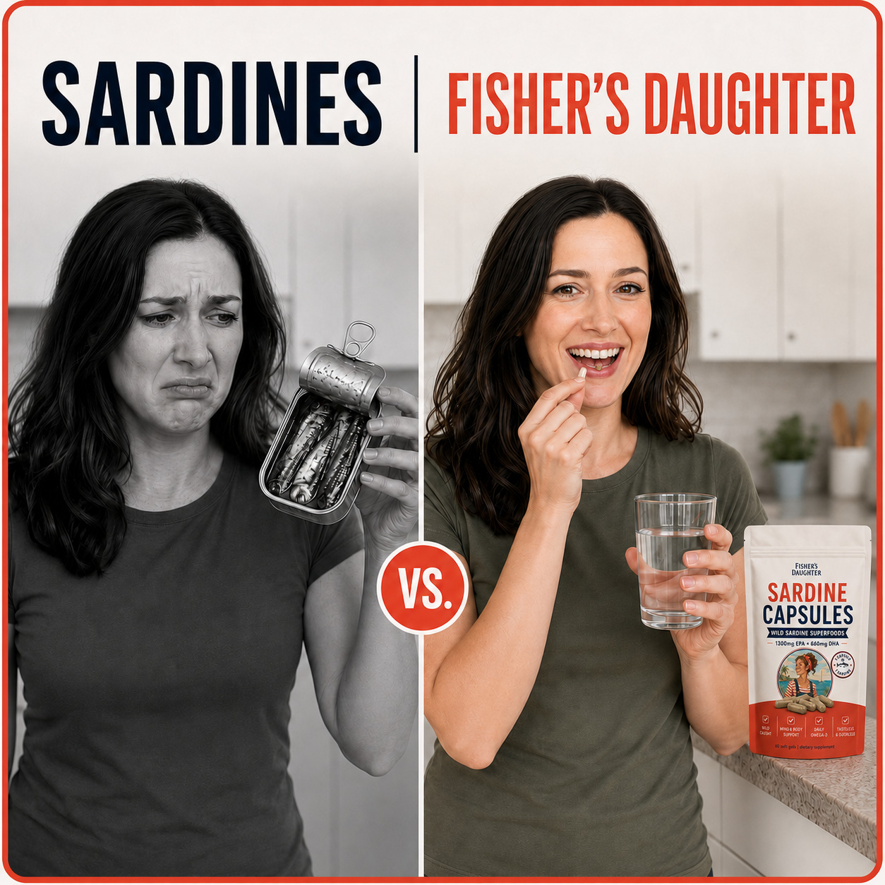A woman grimaces at canned sardines versus smiling while taking a sardine supplement capsule.