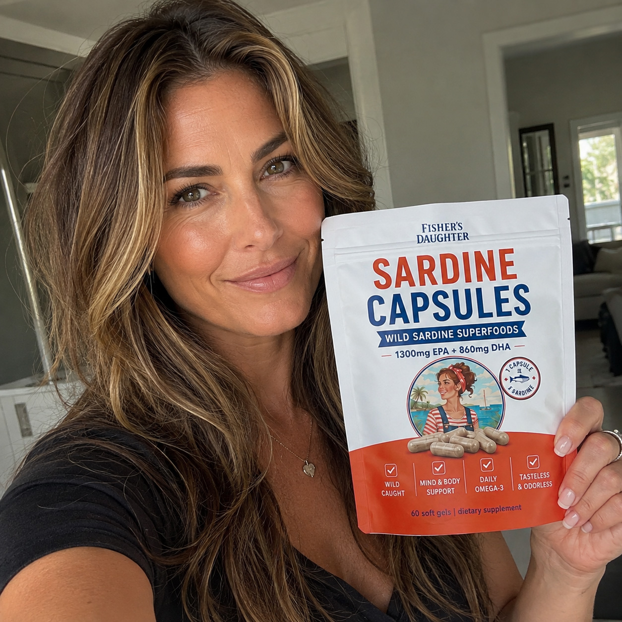 A smiling woman with long brown hair holds up a pouch of Fisher's Daughter Sardine Capsules.